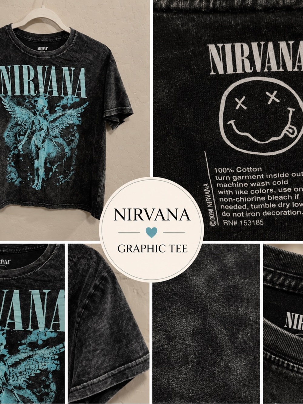 NIRVANA Black Kids Short-Sleeve Tee with Teal Angel Graphic
